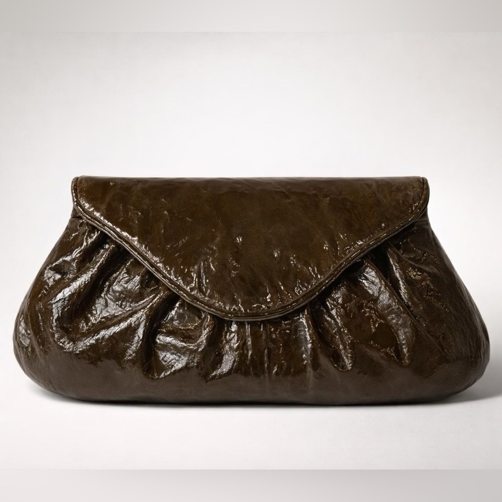 Lauren Merkin patent leather pleated clutch, flap close, green-brown, EUC